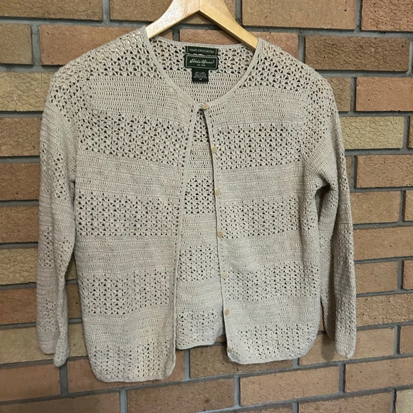Eddie Bauer Hand Crocheted Linen Cotton Open Knit Button Down Sweater Medium VTG - Picture 1 of 6